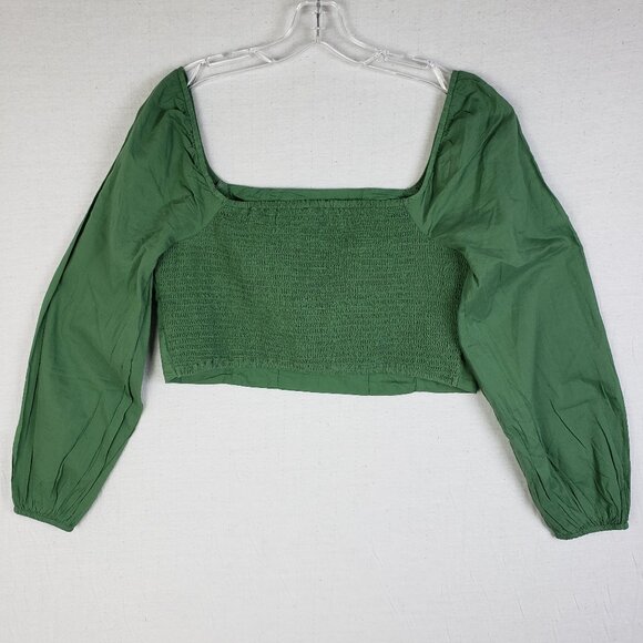NWOT American Eagle AE Cropped Corset Balloon Sleeve Top Smocked Back Green sz L - Picture 6 of 15